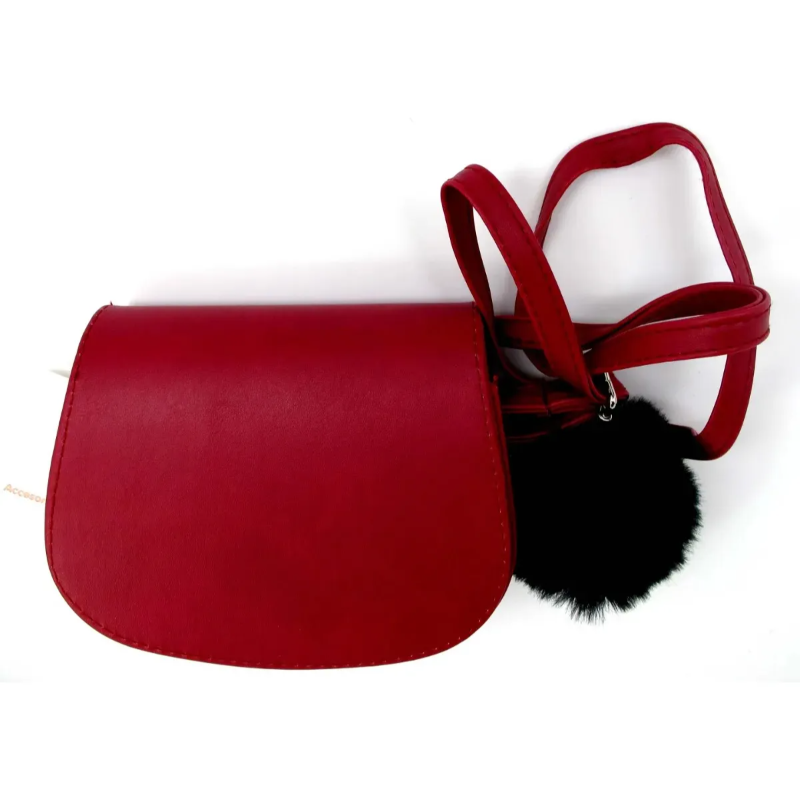 Mini Bag Cartera Bandolera Cuero Sintético Con Pompón Bordó