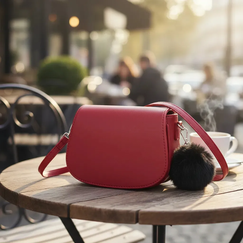 Mini Bag Cartera Bandolera Cuero Sintético Con Pompón Bordó