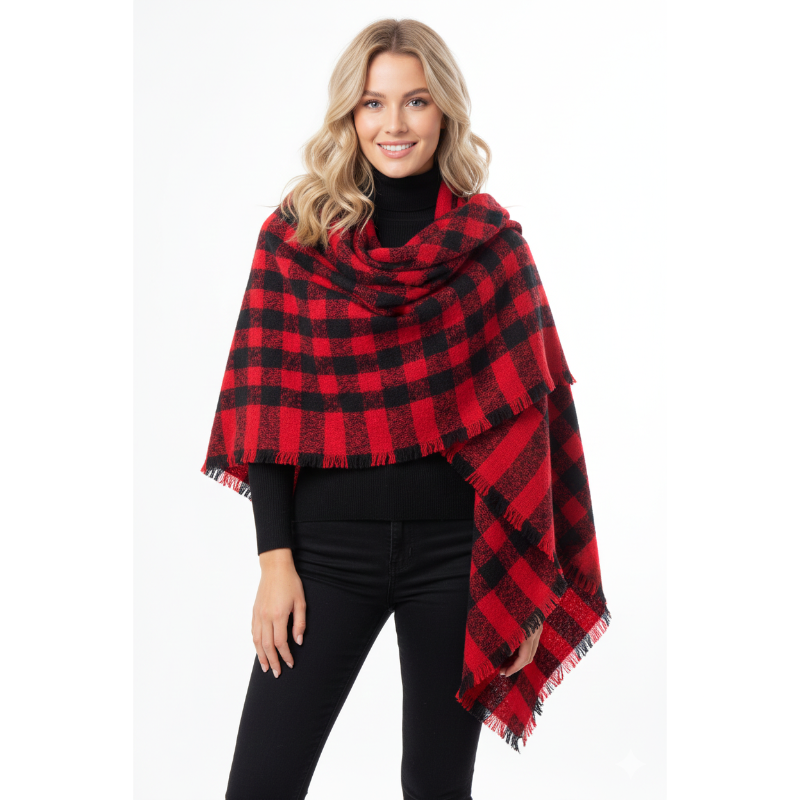 Mantón Poncho Bufanda Para Invierno Rojo con Negro